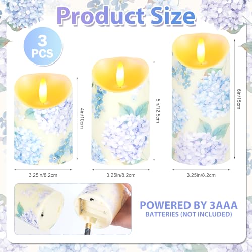 Ouvibor 3 Pcs Hydrangea Flameless Candles Wedding Table Centerpiece Chinoiserie Candles Hydrangea Floral Printed Faux Cand...