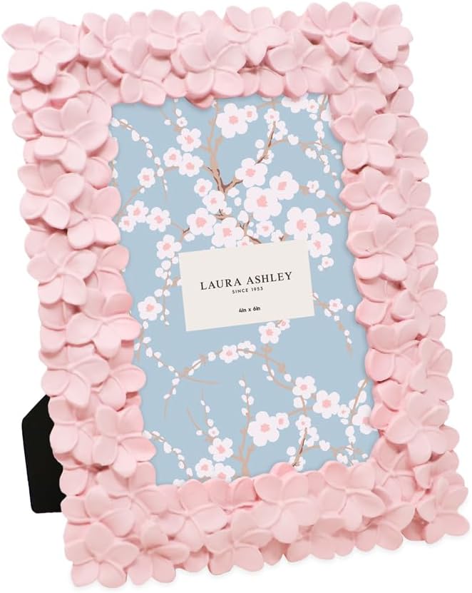 Laura Ashley 4x6 Pink Flower Textured Hand-Crafted Resin Picture Frame with Easel & Hook for Tabletop & Wall Display, Deco...