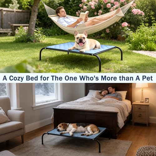 SZEE Raised Dog Bed with Detachable 2-Sided Cooling/Warming Waterproof Mat, Elevated Dog Cot Bed for Small Sized Breeds wi...
