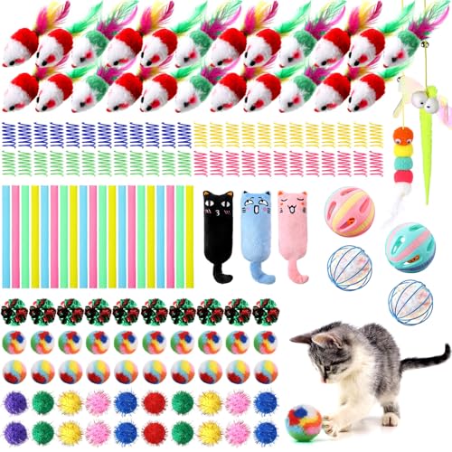 Shappy 150 Pcs Cat Toys for Indoor Cats Bulk, Kitten Toys Pack, Variety Interactive Gift Including Mice Rainbow Balls Spri...