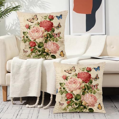 Kwlegh Vintage Rose Flower Pillow Covers Spring Summer Butterfly Floral Throw Pillow Covers 18x18 Set of 2 Rustic Rose Far...