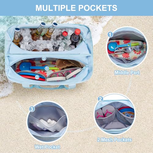Yarwo Beach Bag for Women, Sandproof Swim Tote Bag with Cooler Compartment and Wet & Dry Pockets for Pool Cruise Vacation