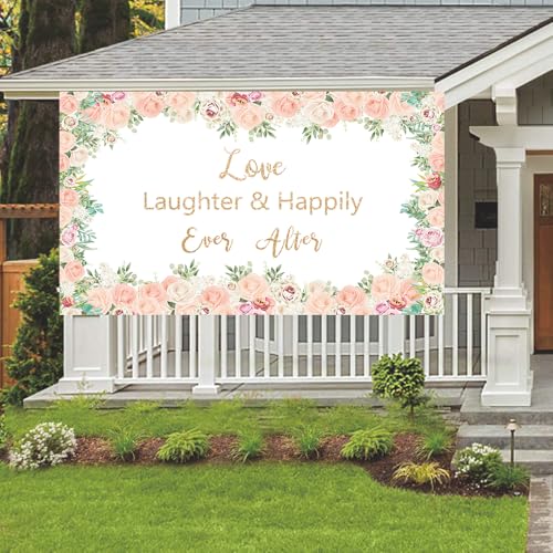 LOONELO Love Laughter Wedding Backdrop Banner with 70.8 X 43.3 inch, Happily Ever Floral Bridal Shower Hanging Banner Sign...