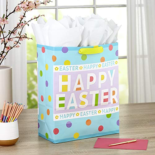 Hallmark 15" Extra Large Easter Gift Bag with Tissue Paper (Happy Easter, Polka Dots) for Easter Baskets, Easter Egg Hunts...