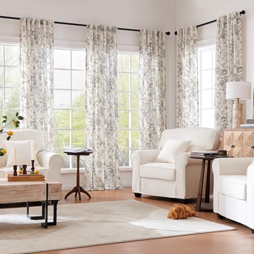 jinchan Floral Curtains for Living Room 84 Inch Length Farmhouse Printed Curtain Rod Pocket Back Tab Black Peony Flower Pa...