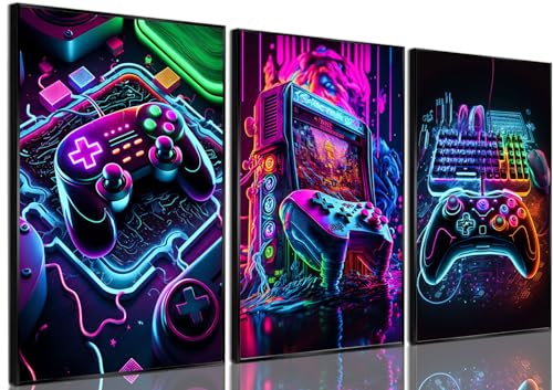 BGFCE Game Room Decor Posters Set of 3 - Neon Gaming Accessories Theme Canvas Wall Art, Gamer Console Paintings Picture Wa...