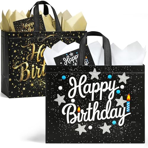 STYPOP 2 Pack 13" Large Birthday Gift Bags with Tissue Paper & Cards, Reusable Non-Woven Happy Birthday Bags with Handles,...