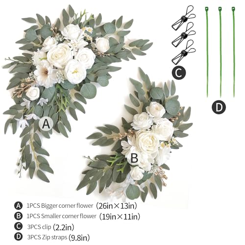Piklado Faux Arch Flower Swag Set of 2 for Wedding Welcome Signs Floral Swag Wedding Reception Ceremony Signs Decor (White)