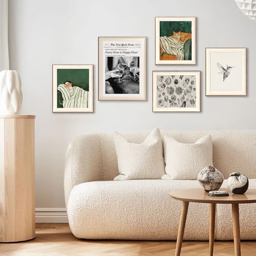 ASTRDECOR Minimalist Framed Wall Art - Cozy Woman Sleeping on Couch, Emerald Green & White Striped Blanket, Modern Aesthet...