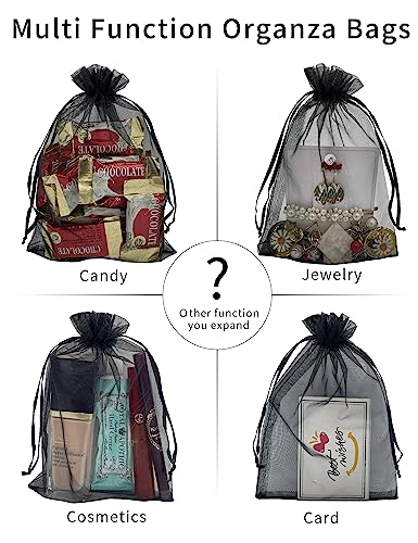 Jexila 100PCS Sheer Organza Bag 5''X7'' Black Mesh Bags Drawstring Gift Bag Small for Jewelry Goodie Candy Wedding Party F...