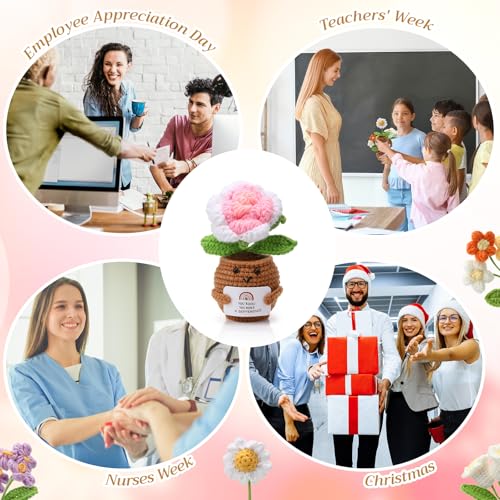 Geelin 6 Sets Positive Teacher Appreciation Gift Mini Crochet Flower Potted Doll with Card Emotional Rose Daisy Support Th...