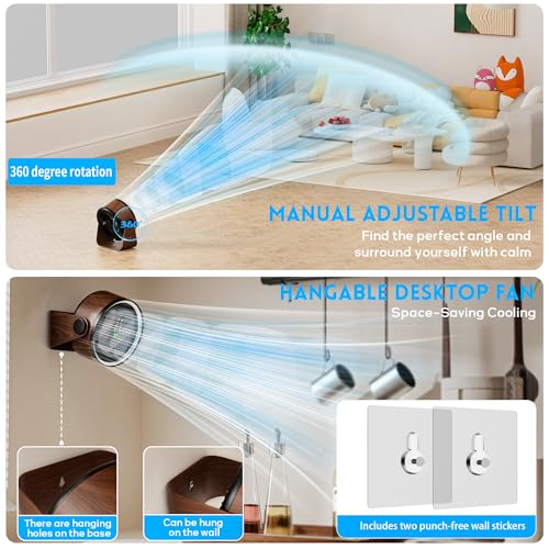 Small Desk Fan 5000mAh Rechargeable Battery Powered -Retro Low Noise Quiet Portable Gentle Blowing with LED Night Light Of...