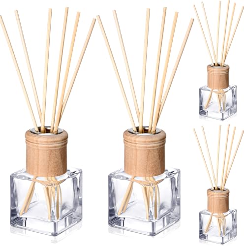 Roshtia 4 Set Reed Diffuser Bottle Empty Refillable Fragrance Glass Diffuser Bottles with Wooden Caps Rattan Sticks 50ml ...
