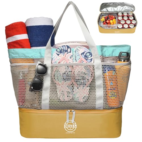 STOVER Extra Large Mesh Beach Bag, Vacation, Pool, Shopping & Travel Tote - Foldable w/Storage Pouch & Pockets for Women, Men