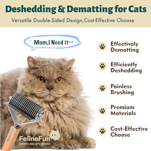 FelineFun Cat Brush for Dematting & Deshedding, 2 in 1 Undercoat Rake, Efficiently Remove Loose Hair & Matted Fur, Profess...