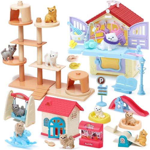 Golray 66Pcs Cat Toys for Kids Girls, 3 In 1 Pet Pretend Play Toys with 9 Cat Figurine/DIY Cat Tree/Beauty House/Playgroun...