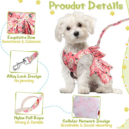 Sanwuta 4 Pack Harness Dog Dress Bowknot Leash Set Floral Princess Dog Harness Dress Vest with Leash Pet Doggy Outfits for...