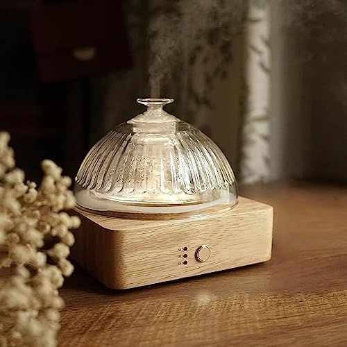 Glass Dome Essential Oil Diffuser with Glass Reservoir & Wood Base-No Plastic, 200ml Ultrasonic Diffuser for Aromatherapy ...