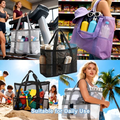 JOYPICKS Mesh Beach Bag-Large Beach Tote for Women Family with Zipper Pocket Toys & Vacation Essentials