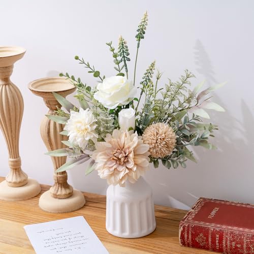 Fake Flowers in Vase, Artificial Flowers with Vase, 15.7'' Floral Arrangements for Dining Table Centerpiece Decor, Silk Ro...