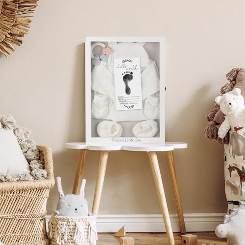 Jetec 12 x 16 Baby Shower Shadow Box Large Baptism Gift Baby Keepsake Box with Linen Back Hello World Newborn Sign Ink Pad...
