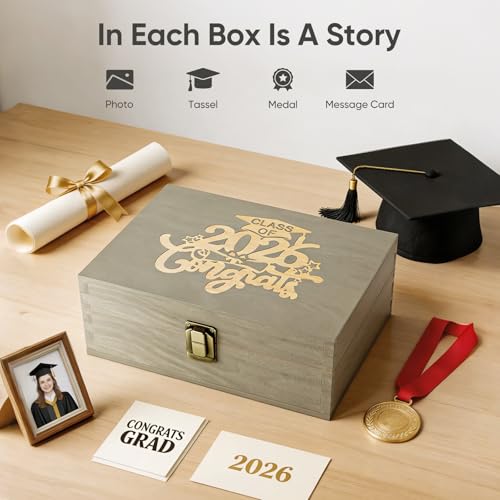 REMEIT Graduation Keepsake Box - Engraved Class of 2026 Wood Memory Box Congrats Grad Gift for Him Her, Perfect for Storin...