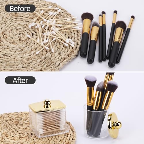 Tbestmax 2 Pack Qtips Dispenser - Bathroom Organizers and Storage Containers, Plastic Apothecary Jars with Gold Lids for C...