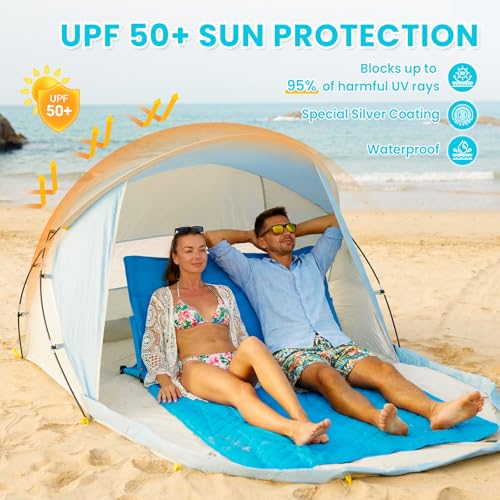 #WEJOY Beach Tent Sun Shelter, Windproof Reinforced 9.5mm Frame, 4 Person Easy Up Beach Shade, UPF 50+ UV Protection, Beac...