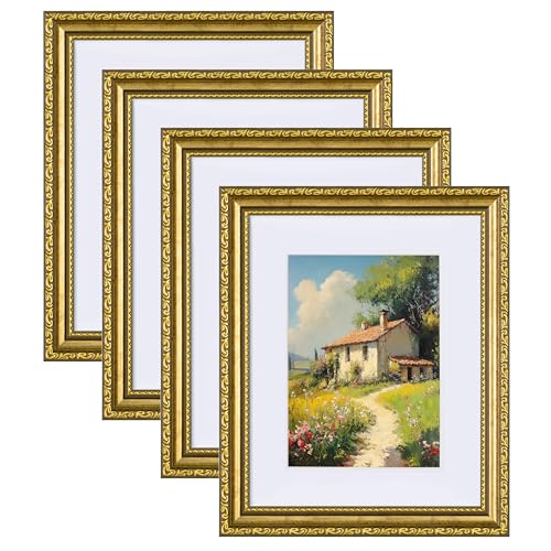 eletecpro 8x10 Picture Frames Set of 4, Gold Frames 8 x 10 with Glass Cover, Vintage Photo Frame Displays 5x7 Photo with M...