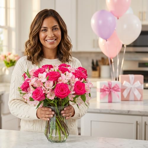 Benchmark Bouquets - Charming Roses & Alstroemeria (Glass Vase Included) - Fresh Flowers for Delivery - Gift for Graduatio...