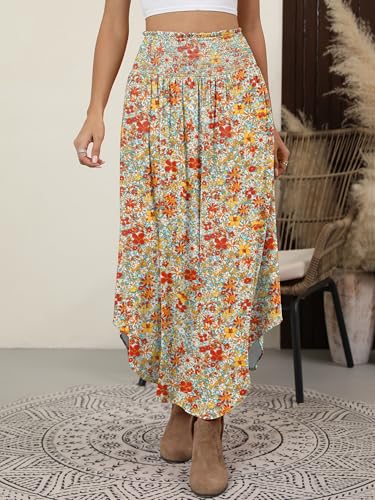 ANRABESS Women's Maxi Skirts Summer Boho Floral High Waisted Flowy Swing Pleated Beach Long Skirt with Pockets