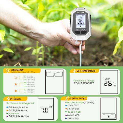 YAMRON 4-in-1 Soil Moisture Meter, Digital Plant Temperature/Soil Moisture Test & PH Meter/Sunlight Intensity, Backlight L...