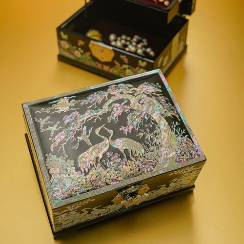 February Mountain Mother-of-Pearl Crane Jewelry Box | Wooden Make | Two-Layer Velvet Interior | Mirror Lid | Lacquer Finis...