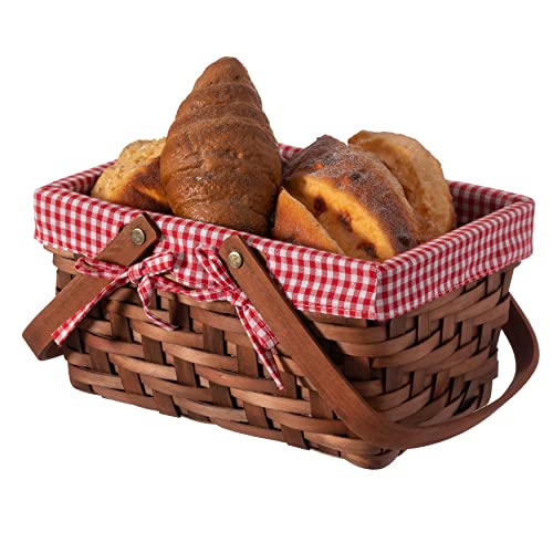 Wickerwise Small Rectangular Woodchip Picnic Baskets with Double Folding Handles, Natural Hand-Woven Basket Lined with Gin...