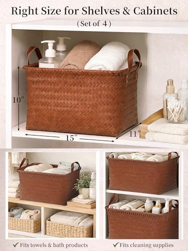 Panovox Hand Woven Baskets for Storage, 4Pcs Water-Resistant Wicker Baskets, Brown Wicker Storage Baskets for Shelves, Lar...