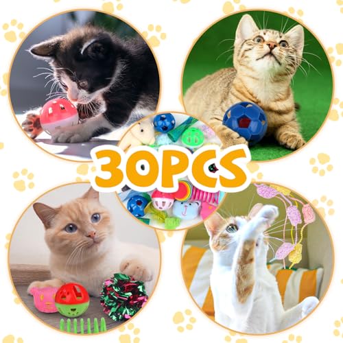 QUOZUO 30 Pcs Cat Toy Kitten Toys Set, Interactive Cat Toy Wand Cat Springs Ball Toy with Bells, Cat Toys for Bored Indoor...