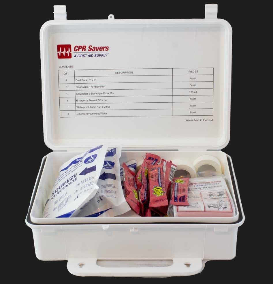 CPR Savers Heat Stress Relief First Aid Kit – Workplace Heat Safety Kit with Cold Packs, Electrolyte Drink Mix, Thermomete...