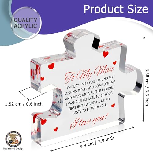 to My Man - Engraved Acrylic Block Puzzle 4.1 x 3.5 inch Gifts for Him for Husband - Fiance Birthday Gifts, Valentines Day...