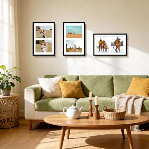 Golden State Art, 12x19 Black Wood Collage Picture Frame with White Mat - Displays Two 8x10 Photos - Real Glass, Sawtooth ...