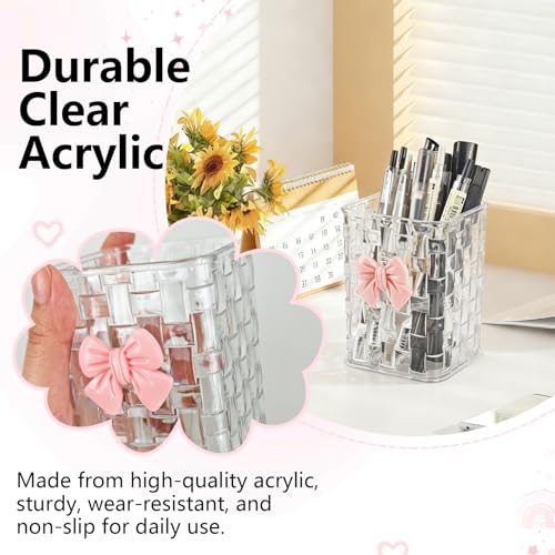 Nirvany Acrylic Pen Holder for Desk, Cute Clear Pencil Organizer & Makeup Brush Holder with Bow Back To School Accessories...