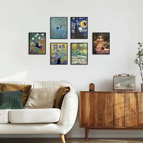 Hamduker Cat Wall Art Monet Prints Vintage Canvas Wall Art Funny Cat in Water Lilies Posters for Room Bedroom Living Room ...