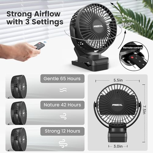 Portable Clip on Fan 65 Working Hours, Camping Fans with LED Lights & Hook, 12000 Capacity Battery Operated Fan with Clam...