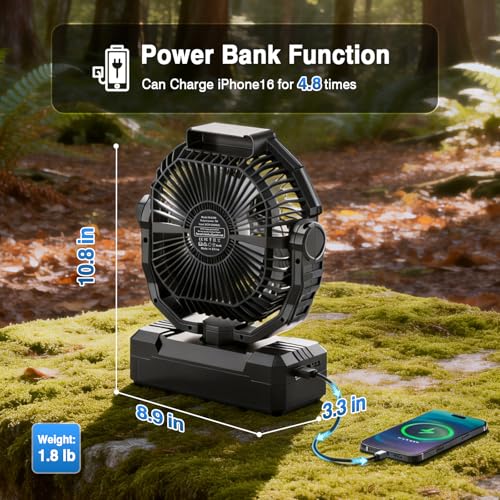 AVAVO 03 Light Black - Rechargeable Camping Fan - Portable Battery Powered Fan with Timer & Hook, Ventilador Recargable fo...
