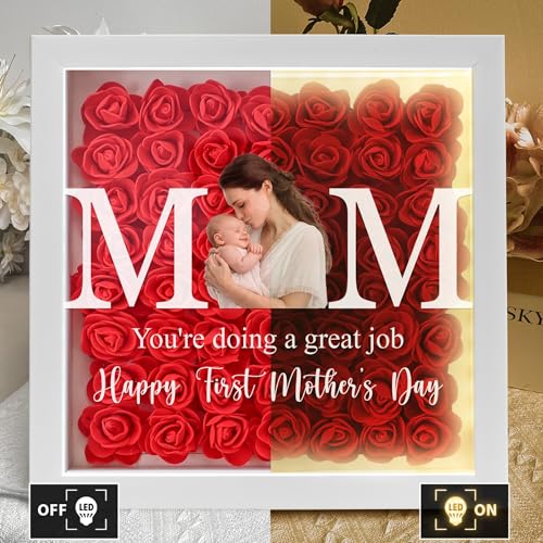 Personalized Photo Mom We Love You Flower Shadow Box with LED Light, Mothers Day Display Case Shadow Box Frame with Name f...