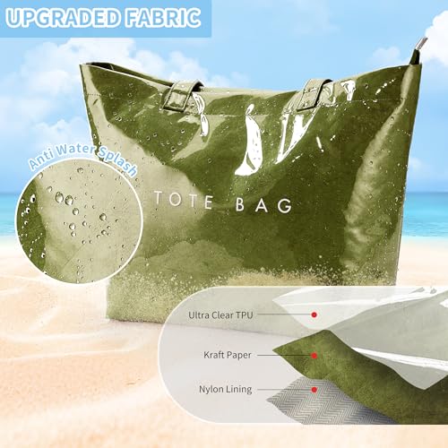 KALIDI PVC Zipper Tote Bag, Jelly Kraft Paper Beach Bag Large Hobo Carry All Travel Shopping Handbag Plastic Shoulder Bag