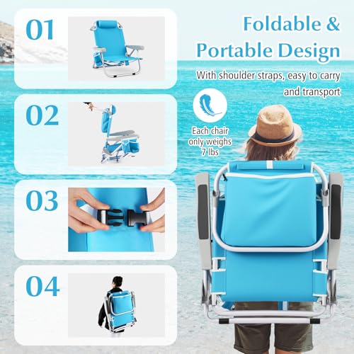 Goplus Beach Chair, 330lbs Folding Backpack Chairs for Adults with 5-Position Backrest, Storage Pockets, Towel Bar & Headr...