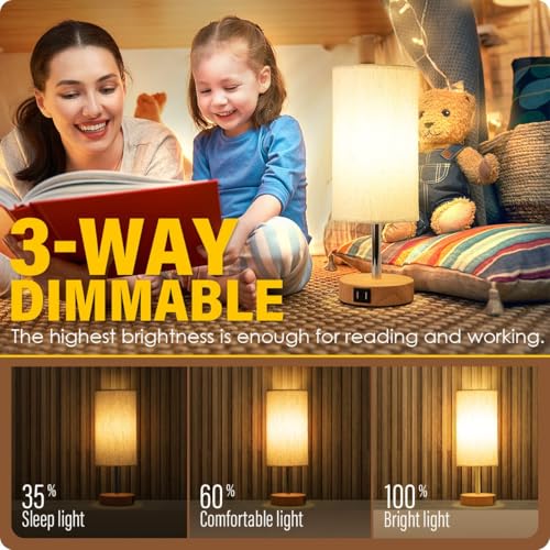 Yarra-Decor Bedside Table Lamp with USB Port - Touch Control for Bedroom Wood 3 Way Dimmable Nightstand Lamp with Round Fl...