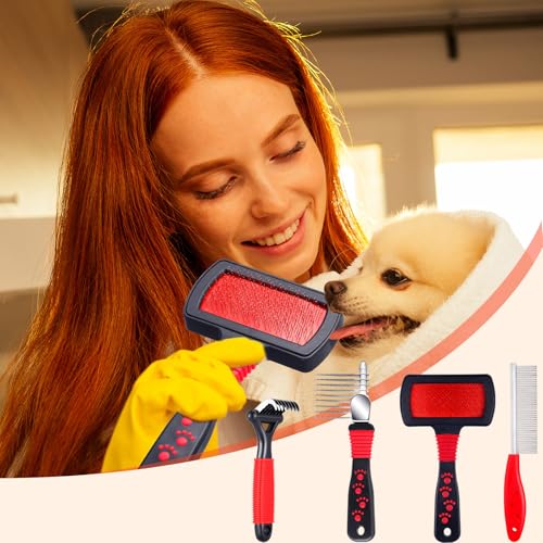 4 Pieces Pet Grooming Kit - Dematting Combs, Slicker Brush, and Steel Comb for Removing Knots and Hair from Dogs, Cats, an...
