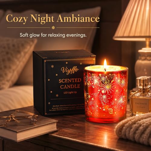 Viyffo 12oz LED Light Up Scented Candle, Lavender & Eucalyptus Soy Candle, Decorative Red Glass Jar Candle, Non Toxic Home...