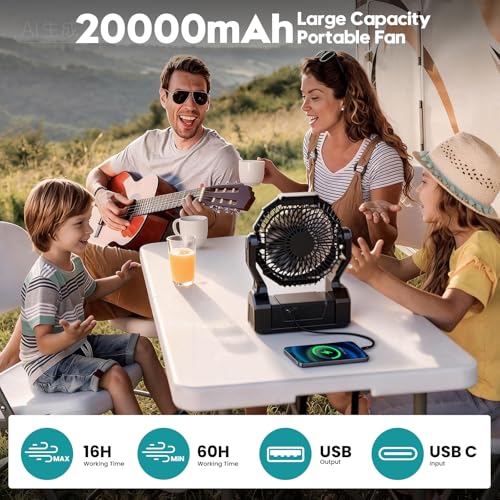 Fentara Camping Fan with 64H Runtime, Rechargeable Battery Powered Portable Fan with LED Light, Quiet Travel Tent Fan for ...
